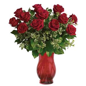 Image of 1010 One Dozen Roses in Red Vase from Rose of Sharon Florist